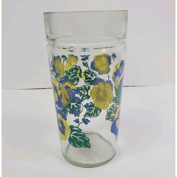 VTG Anchor Hocking Blue And Yellow Pansies 1980s Drinking Glass 6” - Picture 3 of 7